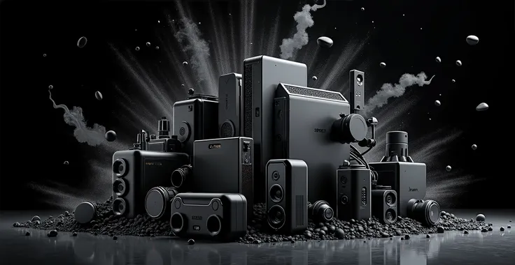 explosion of products: electronics, electric tools; abstract, black color dominates