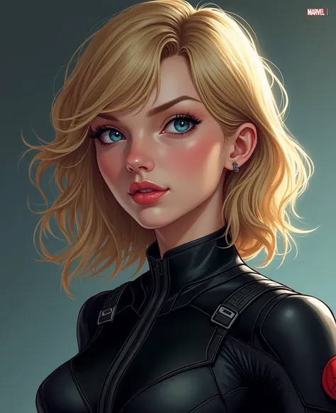 (( anatomically correct, good quality, FIRST WORK )),  Young woman identical to Taylor Swifts face with medium blonde hair,  looking at the camera, comic style, wearing Marvels Black Widow heroine uniform all in black,  expressive blue eyes .