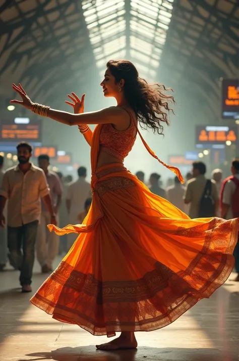 An Indian girl dancing in the train station 