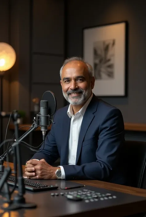 Write a text prompt of indian business man sitting in podcast studio