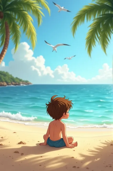 A boy sitting on a beach 