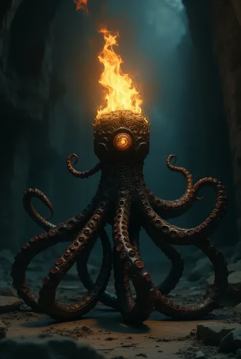 octopus-shaped torch in the style of darkest dungeon