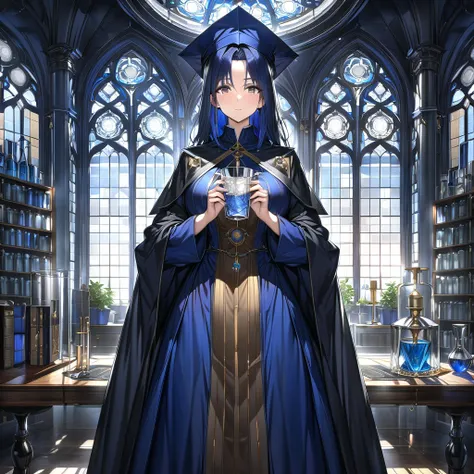 woman,alchemist costume,dark blue hair,academic cap,gown,(glass),masterpiece,(cowboy_shot),(perfect anatomy),8K,HDR,