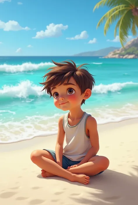 A real boy sitting on a beach 