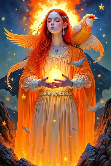 goddess,  closed eyes  , fire, Sunset,  volcanic eruption ,  holds a fireball in his hands ,  fire crystals earrings ,  big fiery phoenix with a fiery tail on her shoulder ,  jewelry  , fire, many plans  ,  long hair, Compose , fiery hair,Painting (medium)...