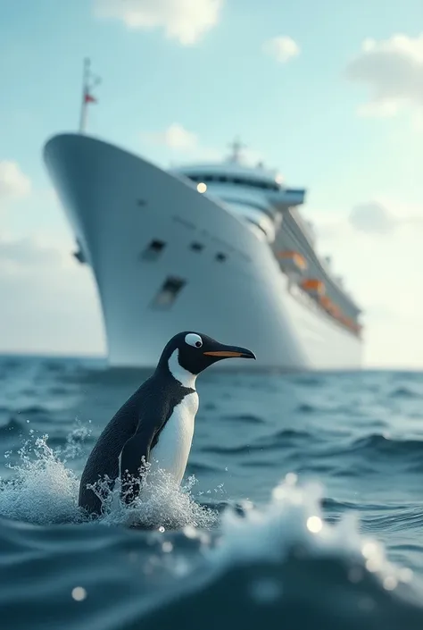 Penguin girl towing a cruise ship