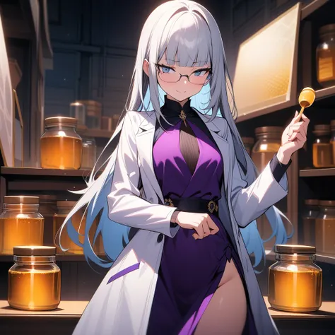 (masterpiece),(best quality),very aesthetic,(ultra-detailed),high saturation,nsfw,1girl,16yo,slender,long hair,silver hair,straight hair,(blunt bangs),dark blue alluring eyes,smirk,thinking,An elegant and sophisticated outfit perfect for a party, featuring...