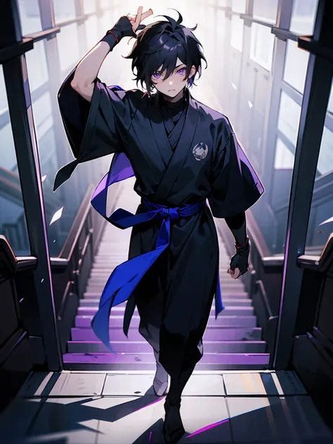 1male , Messy Black Hair , Purple Eyes , Somber Expression , One Black Fitted Arm Sleeve, Layered Clothing, Blue Sash Belt , Standing on path , Perfect lighting , Ninja Clothing , Young Male , Unique Clothing  , Perfect Generation