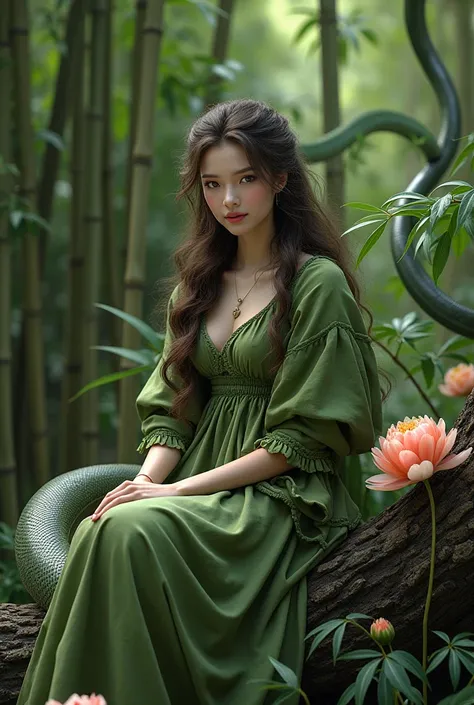 (photorealism:1.2),  A beautiful woman , hair unraveled ,wearing a dress of leaves and a jacket of tree bark ,   is sitting on a new top under a clump of bamboo and peony flowers with an enormous rice snake