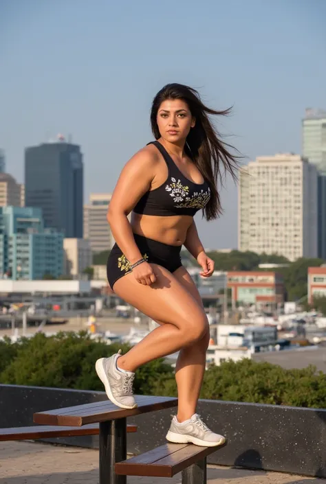 A fit, curvy, and beautiful female Indian athlete performs explosive step-ups on a park bench, with a vibrant city skyline in the background. She wears decorated running shorts with side-cut, showcasing her athletic form. The camera captures her powerful m...