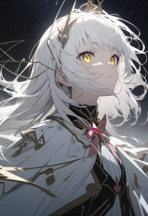 portrait, Long hair, White hair,  golden eyes,  1 Girl, head, Face,  Magical Girl,  starry sky , masterpiece,  is the best quality,  Magical Girl costume, ((mahou shoujo)), Short hair, desolate, ruins,  dynamic posture,  apocalyptic apocalypse , Spellcasti...