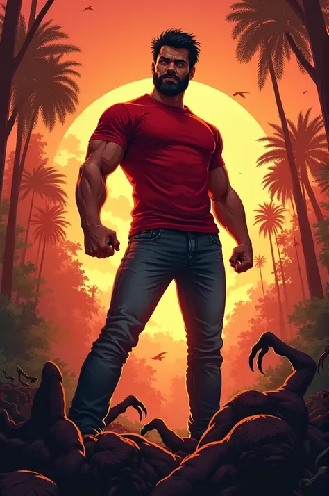 Man in grown black hair and short beard wore red full hand t-shirt and jeans with iron claw in hand standing heroic over the bunch of dead bodies in deep hill forest in sunset evening,  looking him up look like 2D animation epic adventure thriller gaming p...