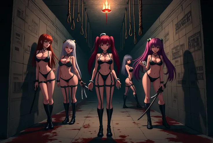  a cellar with dark blood 、 restraints hanging from the ceiling 、There are various designs on the wall.々 with many whips displayed 、ung girls 、Anime style picture 、 big breasts at the temple,  hairstyle super long hair 、 twin tails、 ponytails、 random short...