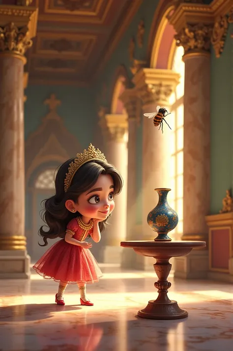 Caricature grand hall inside the castle, with marble floors and large, ornate decorations. Chirpy flies ahead of Zoya, leading her toward a small table with a beautiful vase on it.