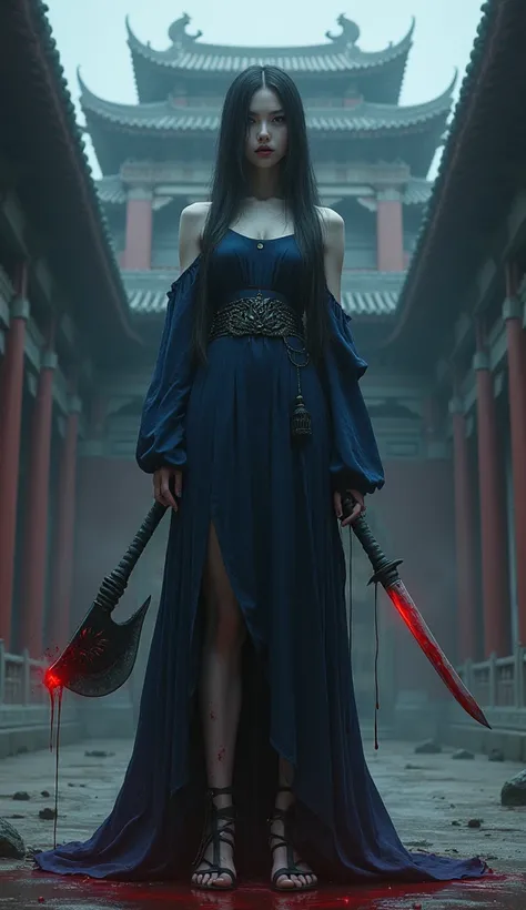  The picture depicts a young woman ,  seems to be a chinese vampire ,  stands against the background of a Gothic palace .  She wears a dark blue dress ,  stained with blood ,  and his pale skin and sharp teeth face the untamed nature .  Her cool teacher is...