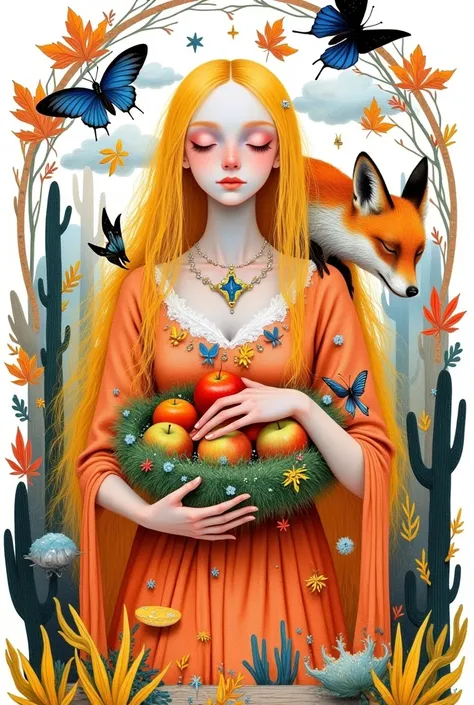 goddess,  closed eyes , autumn leaves,  holds a large basket of apples in her hands,  a wreath of branches of berries and sunflowers on her head ,  big fox on her shoulder ,  jewelry , autumn leaves, lots of butterflies,  long hair, compose, yellow hair,Pa...