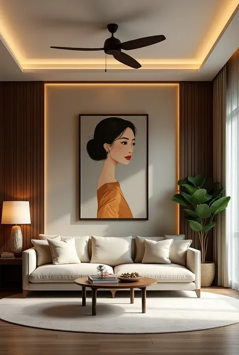 there is a living room with a ceiling fan and a couch, a portrait inspired by Fan Qi, trending on cg society, art deco, one ceiling fan, luxury condo interior, interior living room, with backdrop of natural light, low ceiling, highly detailed interior, apa...