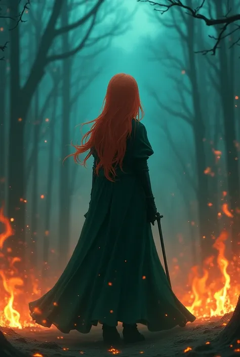 anime woman viewed from behind. She has long beautiful ginger hair. She wears black clothes with a green cloak with a hood. She stands on the ground, surrounded by vivid flames, while the sky above her remains a clear, deep blue, reflecting a serene yet in...