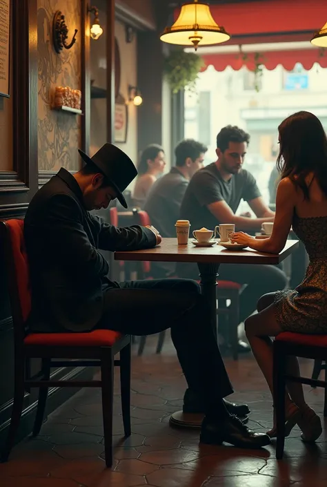 A mysterious man is taking a nap in a cafe full of visitors