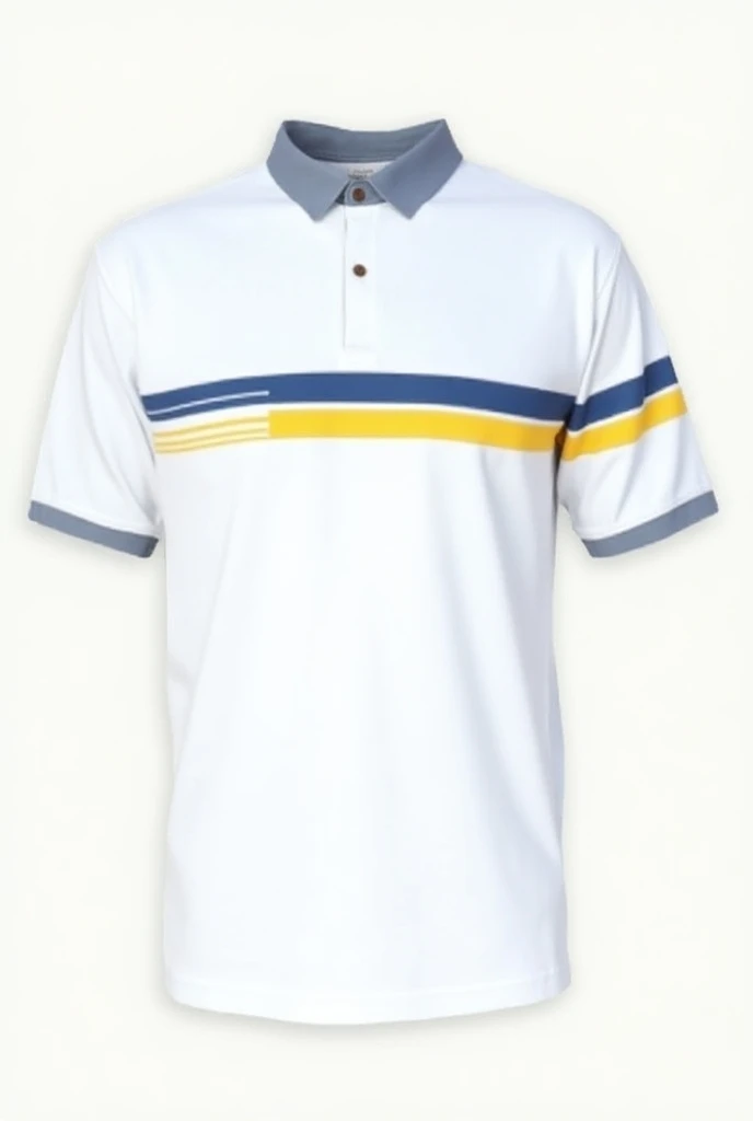 ACT AS AN EXPERT AND HELP ME CREATE A T-SHIRT FOR SCHOOL UNIFORM THAT IS ALL WHITE AND HAS A CERULEAN BLUE COLLAR BORDER AND SLEEVE BORDER WITH TWO HORIZONTAL BRIGHT YELLOW LINES IN THE CENTER OF THE SHIRT THAT GO FROM SIDE TO SIDE PLUS THE BACKGROUND OF T...