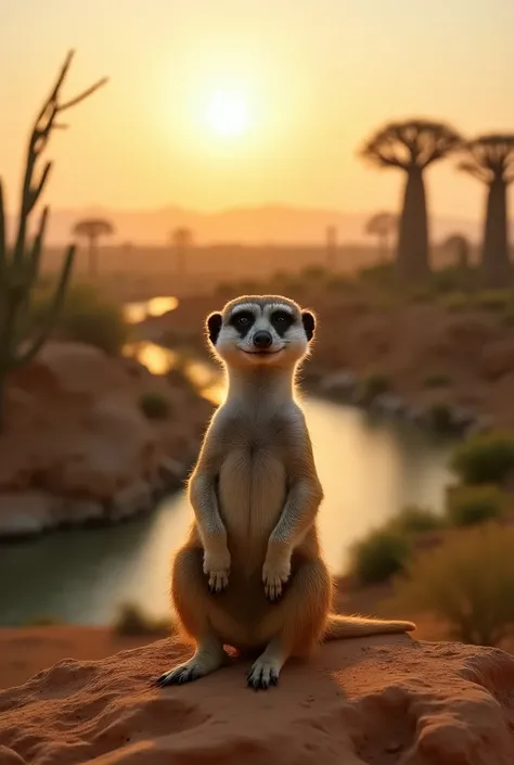 Wildlife photography taken with a Nikon Z 6II camera with a Nikon NIKKOR Z 400mm f/2.8 TC VR S lens, rare shot of a Meerkat is Was near baobab and cactus trees and a flowing river in the Sahara desert Morocco as the sun begins to set, ((full body)), 35 mm....