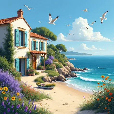 Photo of a pretty Provencal house filled with flowers by the sea with a blue sky and seagulls in the sky and a flowery boat on the edge of the beach 