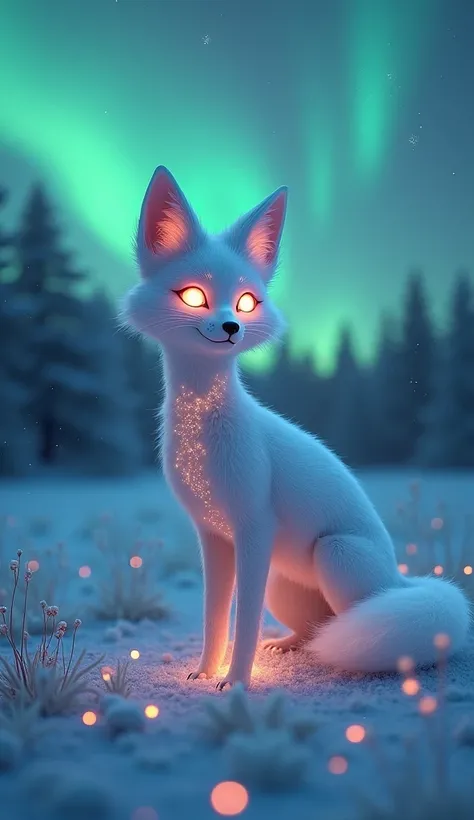  "Create a surreal, photorealistic image of a hybrid creature merging the young girl and the Aurora Fox, standing gracefully in a frosty meadow under the northern lights. The creature has a human-like face with luminous, fox-like eyes and softly glowing ma...