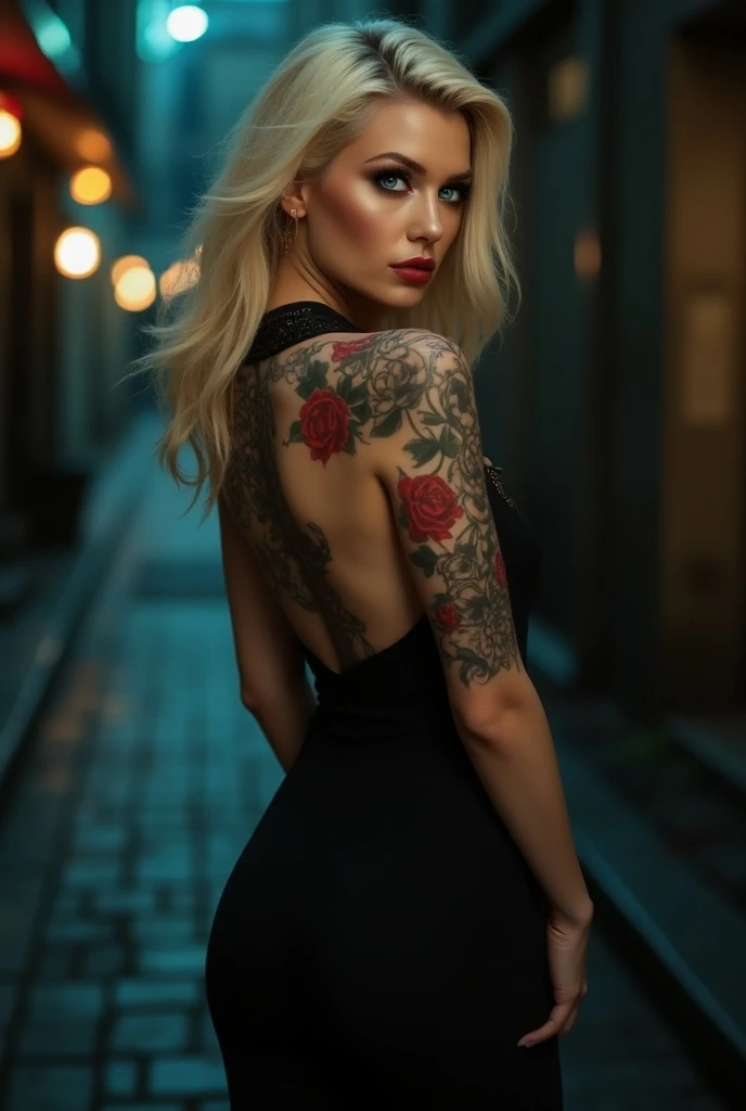 Ultra high quality sexy girl ,blonde hair, luxury modern hairstyle,tattooed,red roses tattoos,blue eyes,sharp beauty,at street area dark place looking back and down, luxury sexy high quality clothes dark 