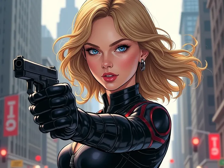 (( anatomically correct, good quality, FIRST WORK )),  Young woman identical to Taylor Swifts face with medium blonde hair,  looking at the camera, comic style, wearing Marvels Black Widow heroine uniform all in black,  expressive blue eyes . New York City...