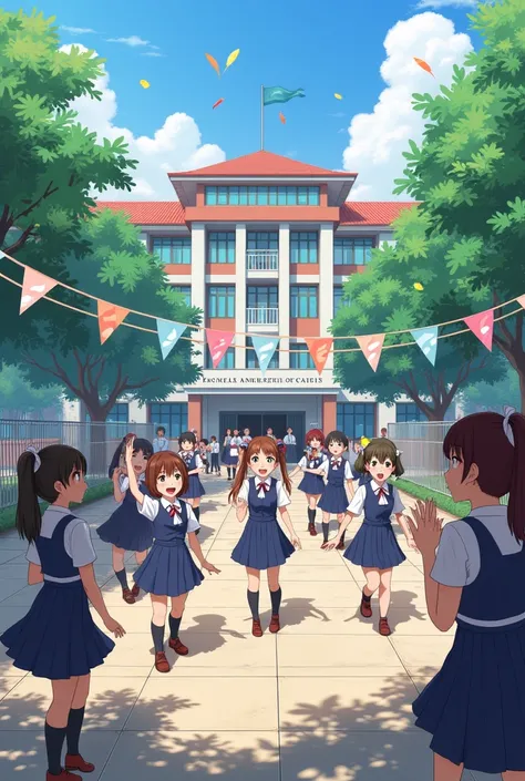 Create a image of government girls high school celebrating rens day 2024 and playing infort of the school buliding , bording of rens day celebration 2024