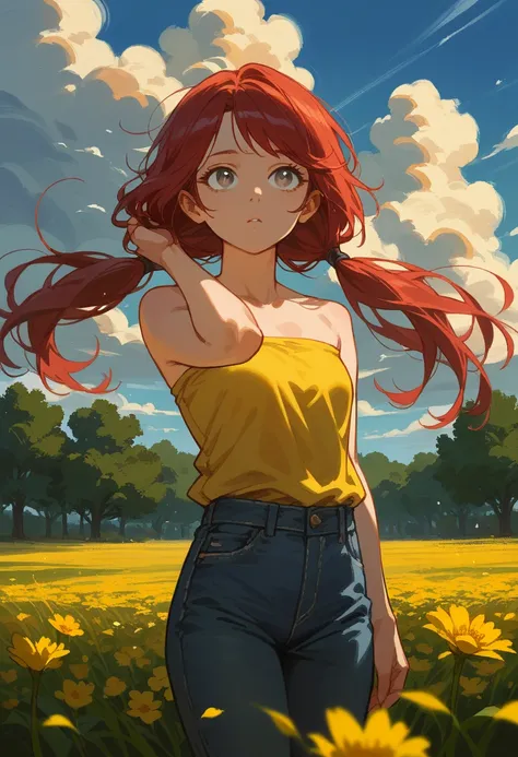 1girl, solo, Gray eyes, dark red hair, swept bangs, low twin tails, small breasts, toned arms, hand in hair, looking up, facing away, close-up, bare shoulders, strapless yellow shirt, jeans, arms on sides, field, tall weeds, yellow flower, trees, clouds, d...