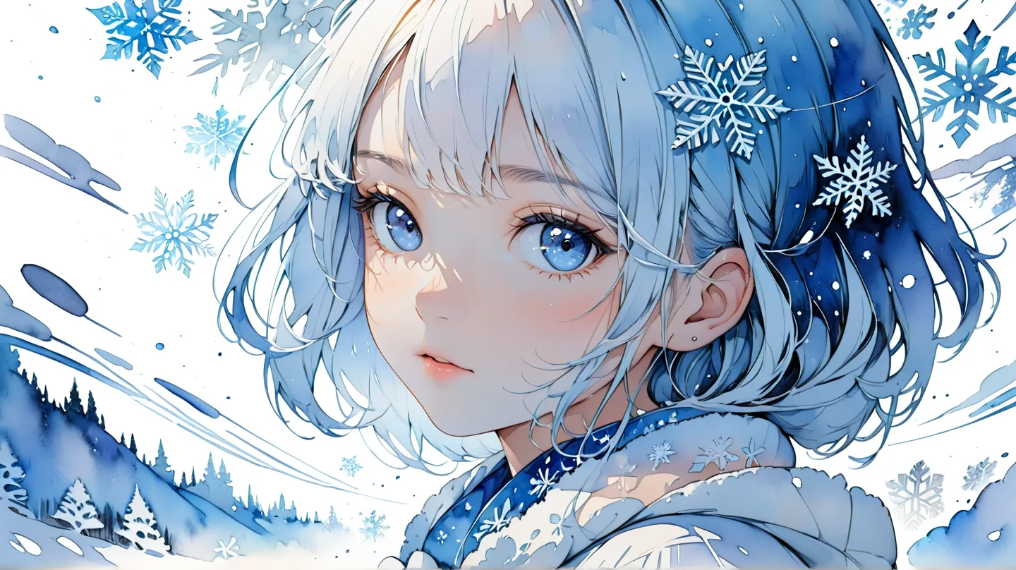 Masterpiece, highest quality, highest resolution, detailed depiction, beautiful, watercolor, silhouette of a Nordic cute girl filled with snow,snowflake, double exposure, crisp lines, blue and white background, 4K graphics.