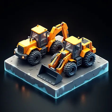 two diggers overplaced toghther, game icon,3D,still life,a glossy surface,smooth texture,glossy surface,Translucent crystal texture,ultra clear details,frosted glass,transparent,isometric,super details, clean black background