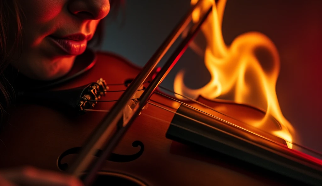 A close-up of a violin being played with intense passion. Flames subtly surround the instrument, giving it an edgy, powerful vibe. The background is dark, with hints of red and orange lighting, emphasizing the intensity of the music.