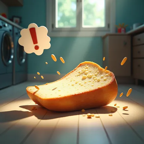 a slice of bread fallen on the floor,bread on the floor,photorealistic,high resolution,detailed,dramatic lighting,speech bubble,exclamation mark,realistic,high detail,fine details,well-lit,dramatic composition,shadows,reflections,intricate texture,crisp de...