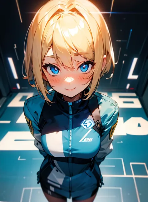  1 girl,  shortcut, smile,  Blushing ,  blue eyes, Blonde, Bob Hair, WHITE SUBARU LETTERS ON THE BACKGROUND , METALLIC DARK BLUE EXPOSURE OUTFIT, BACKGROUND CIRCUIT RACETRACE 