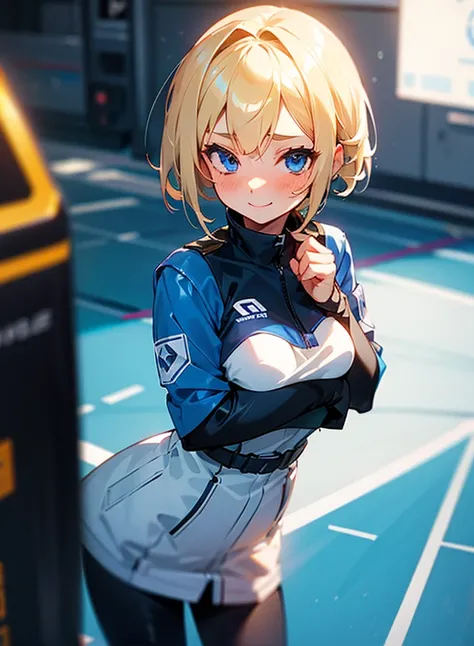  1 girl,  shortcut, smile,  Blushing ,  blue eyes, Blonde, Bob Hair, WHITE SUBARU LETTERS ON THE BACKGROUND , METALLIC DARK BLUE EXPOSURE OUTFIT, BACKGROUND CIRCUIT RACETRACE 