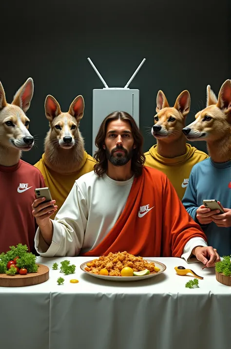  Jesus Christ and his apostles at the Last Supper dressed as Nike, some with telephones ,  some other exotic animal ,  y on the table vegetarian food ,  a lemon squeezer ,  several parsley plants ,  and a router on the wall 