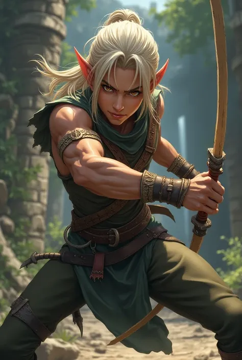 Elf (male) in bare hand combat post (make his skin a little bit dark) , in anime style pls