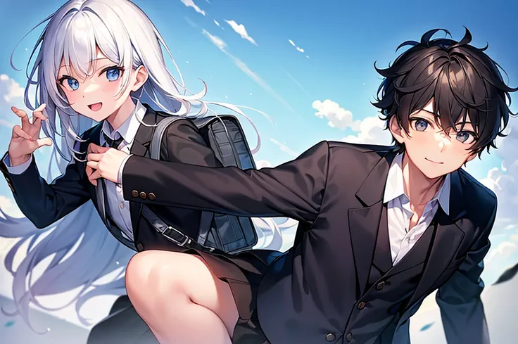  One Boy ,Age 15,smile,black color blazer ,uniform、 white open collar shirt,Soft light, blue sky,School Bags,Detailed skin,masterpiece,最 High Quality ,最 High Quality , High Quality ,