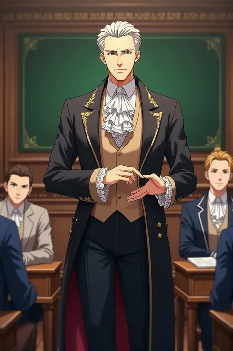 Anime character sir wearing frilled shirt and coat and teaching class