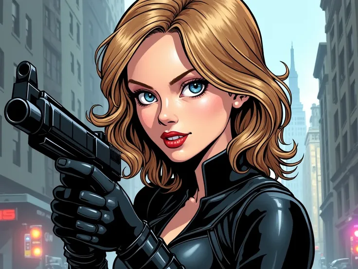 (( anatomically correct, good quality, FIRST WORK )),  Young woman identical to Taylor Swifts face with medium blonde hair,  looking at the camera, comic style, wearing Marvels Black Widow heroine uniform all in black,  expressive blue eyes . New York City...