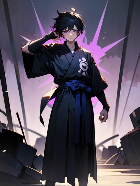 1male , Messy Black Hair , Purple Eyes , Somber Expression , One Black Fitted Arm Sleeve, Layered Clothing, Blue Sash Belt , Standing on path , Perfect lighting , Ninja Clothing , Young Male , Unique Clothing  , Perfect Generation