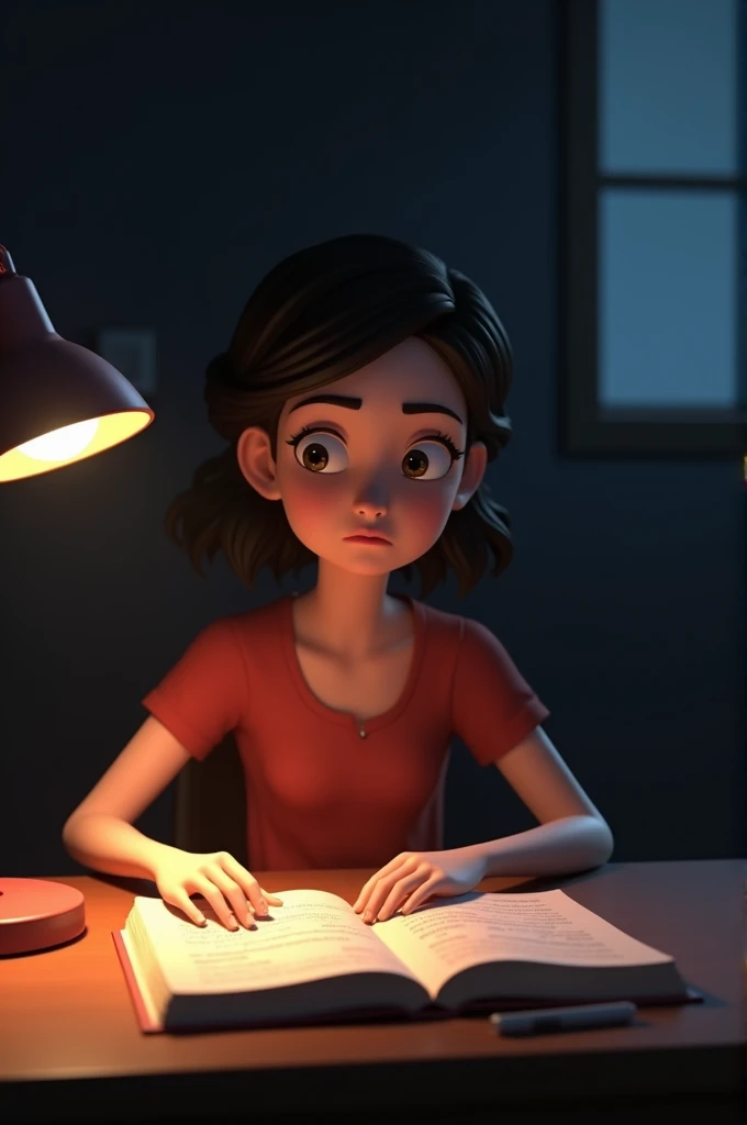 "A 3D animated scene of Mia’s mother, Katie, sitting at a desk, looking down at the notebook with a concerned expression. Her face is illuminated by the soft light of a nearby lamp, casting deep shadows around her. The atmosphere is tense, with the noteboo...