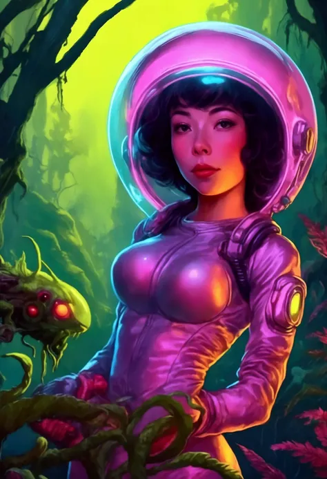 a cute woman (sexy space explorer, lit neon trim, bubble helmet, science tools) is examining plants and animals on an alien forest world, her 50s rocket ship nearby, a tentacle rape beast in shadows
