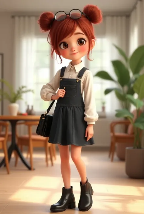 DISNEY PIXAR STYLE COVER, CARTOON, A TEEN GIRL,She has short, dark reddish hair that’s styled in a two bun. She has a friendly and cheerful expression, smiling directly at the camera. She’s wearing a white collared shirt with long sleeves, adding a classic...