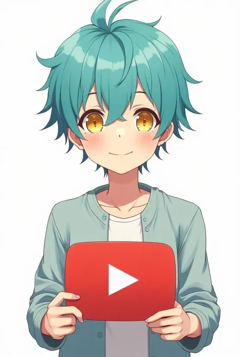 Make an aquamarine anime boy who smiles while holding a YouTube logo. Hes very cute and handsome. His eyes are yellow. It has a white background. The artstyle is more like Aidairo from TBHK