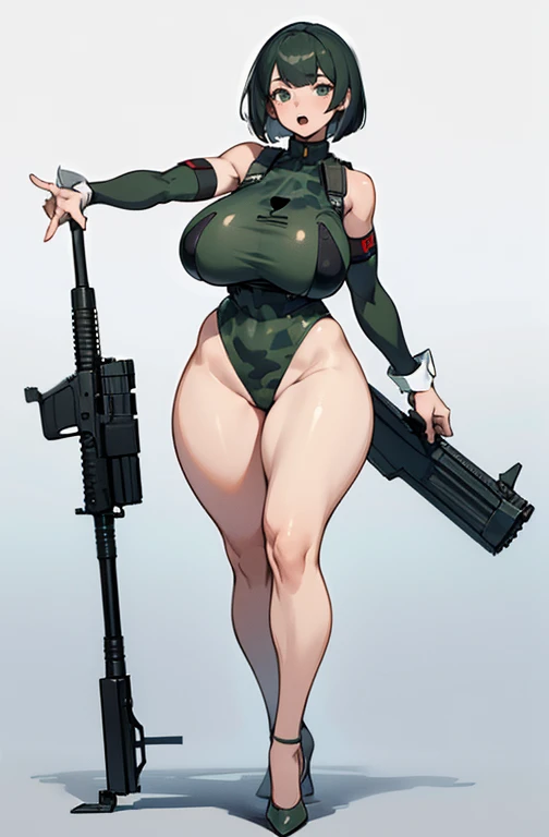 Exited, scream, Open mouth, young girl, Pullover, whole body to see, (( very wide hips)), (((colossal Thighs, gigantic thighs, very huge thighs, very big thighs))), fullbody, very Big breast, , firm breast, Bob cut hair, military camouflage, soldier girl, ...