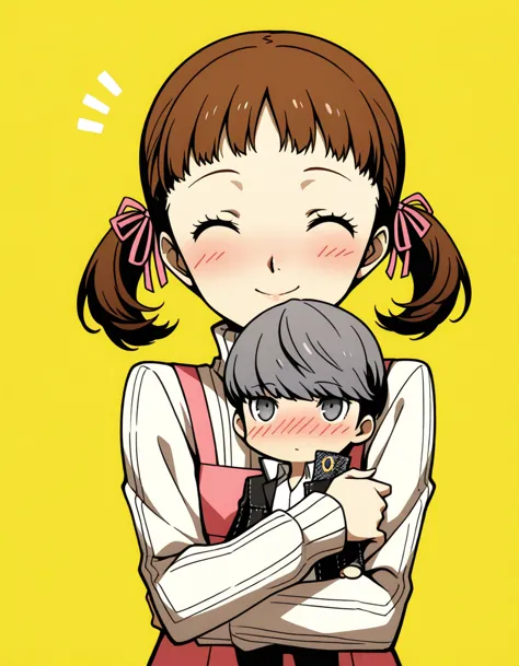 best quality,masterpiece, high resolution, 1girl, 1boy, yellow background, persona 4, nanako doujima, girl, brown hair, flat che...