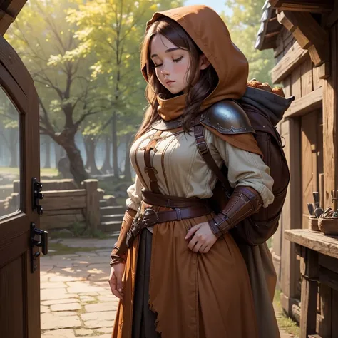 ((Best quality))) (((HD))) (((8K))) (Character) 20-year-old woman, ((Adventurous)), (eyes closed),  (freckles), elf, ((Beautiful)) , ((Brown hair)) and ((Long hair)). voluptuous and chunky design, Brown hait body large breasts thick thighs, ((long skirt)) ...